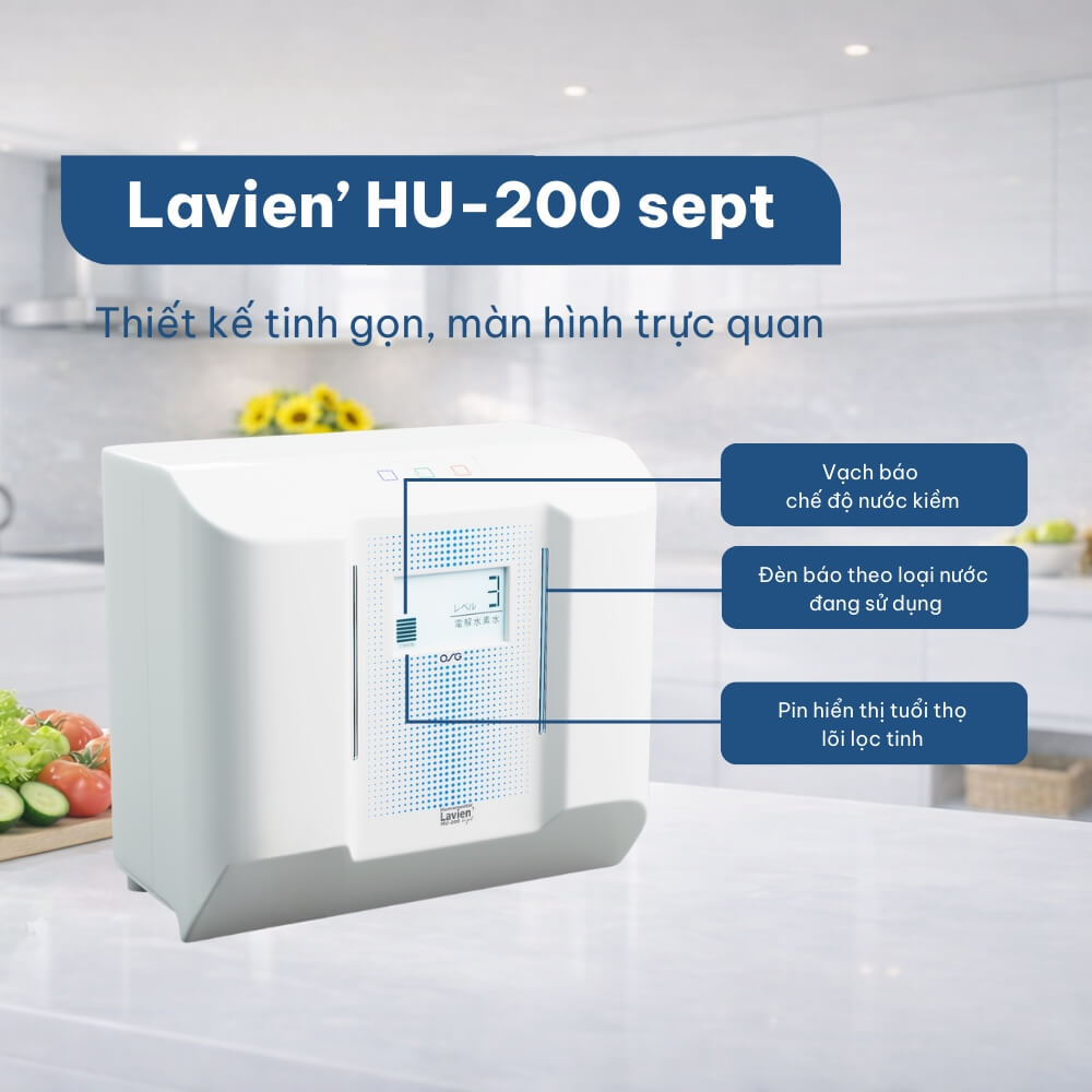 Lavien HU-200 sept màn hình LCD thông minh hiển thị độ pH, nồng độ Hydrogen, lưu lượng nước và trạng thái lõi lọc