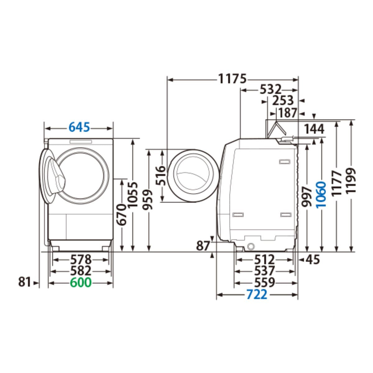 Kích Thước Máy Giặt Sấy Toshiba TW-127XM3L | Đồ Nhật Nội Địa