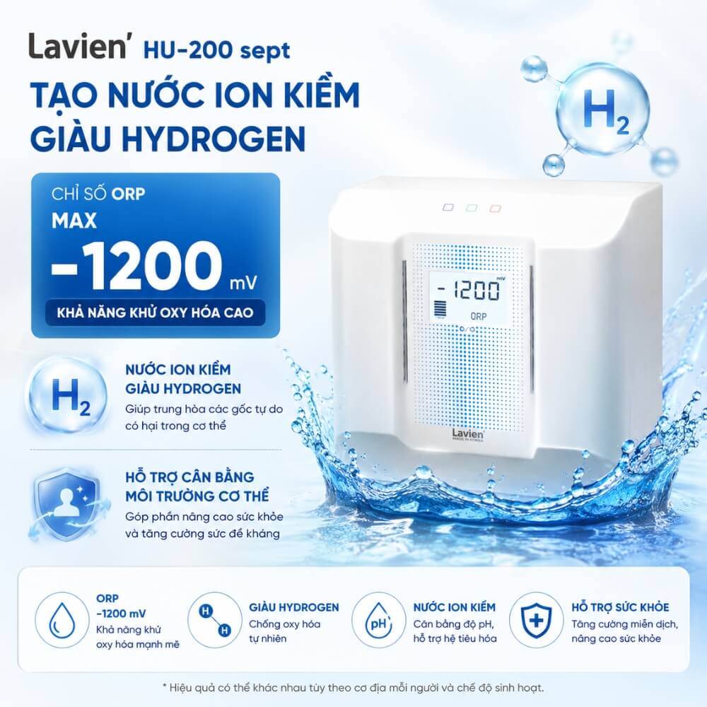Lavien HU-200 sept chỉ số ORP âm -1200mV nước ion kiềm giàu Hydrogen chống oxy hóa