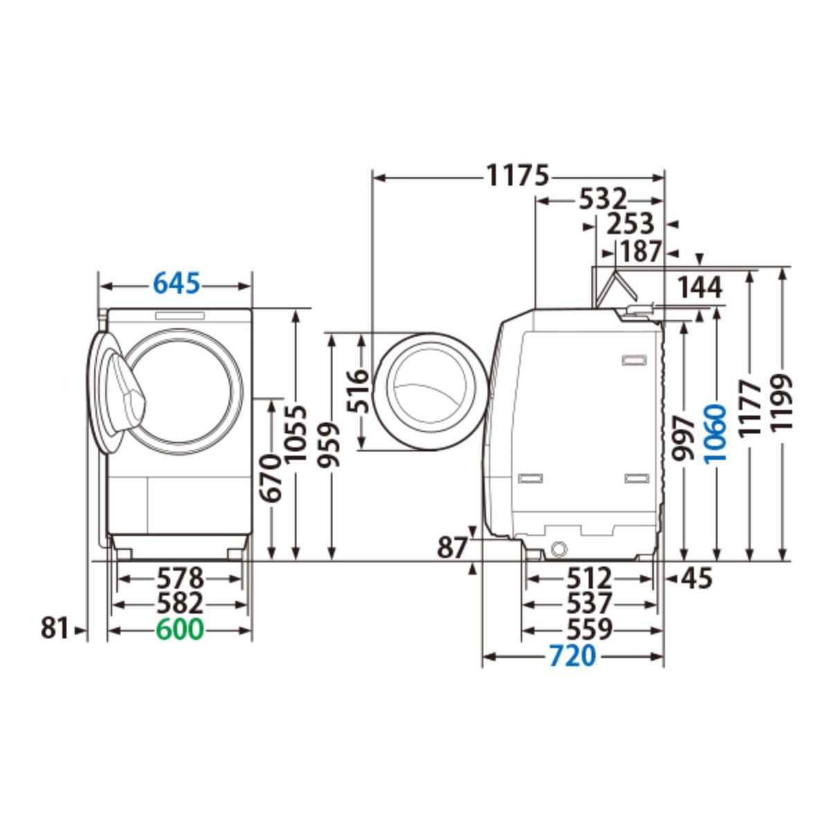 Kích Thước Máy Giặt Sấy Toshiba TW-127XP3, 12kg-7kg | Đồ Nhật Nội Địa