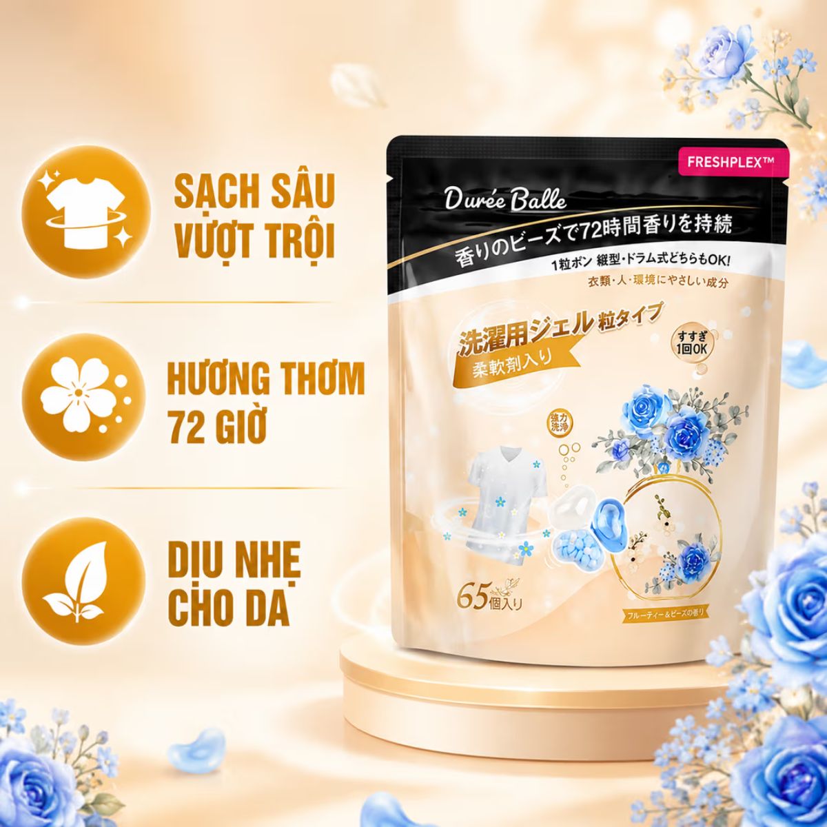 Viên Giặt Xả Duree Balle Hương Hoa Mẫu Đơn – 3 Trong 1, Lưu Hương 72h