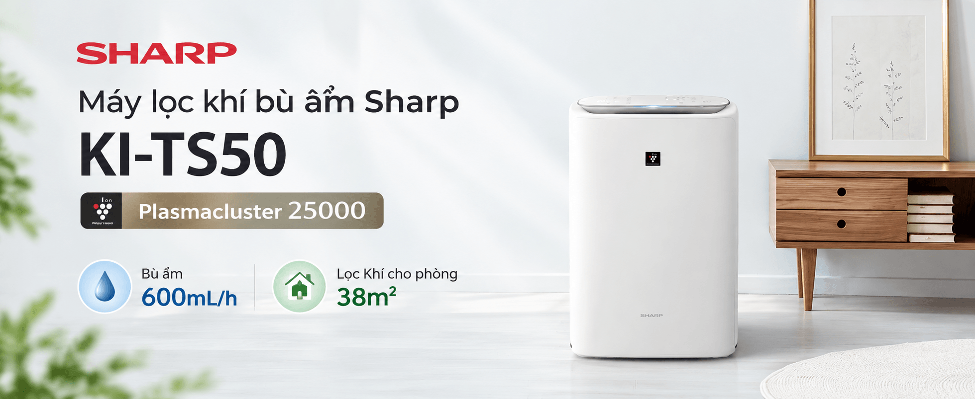 Máy lọc khí bù ẩm Sharp KI-TS50 Plasmacluster 25000  , Bù ẩm 600mL/h, Lọc Khí cho phòng 38m²