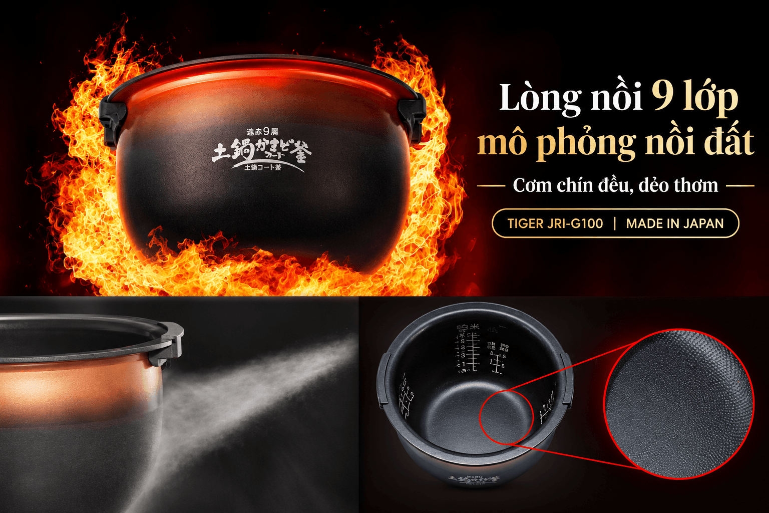  Nồi Cơm Tiger JRI-G100-KO Lòng nồi 9 lớp mô phỏng nồi đất 