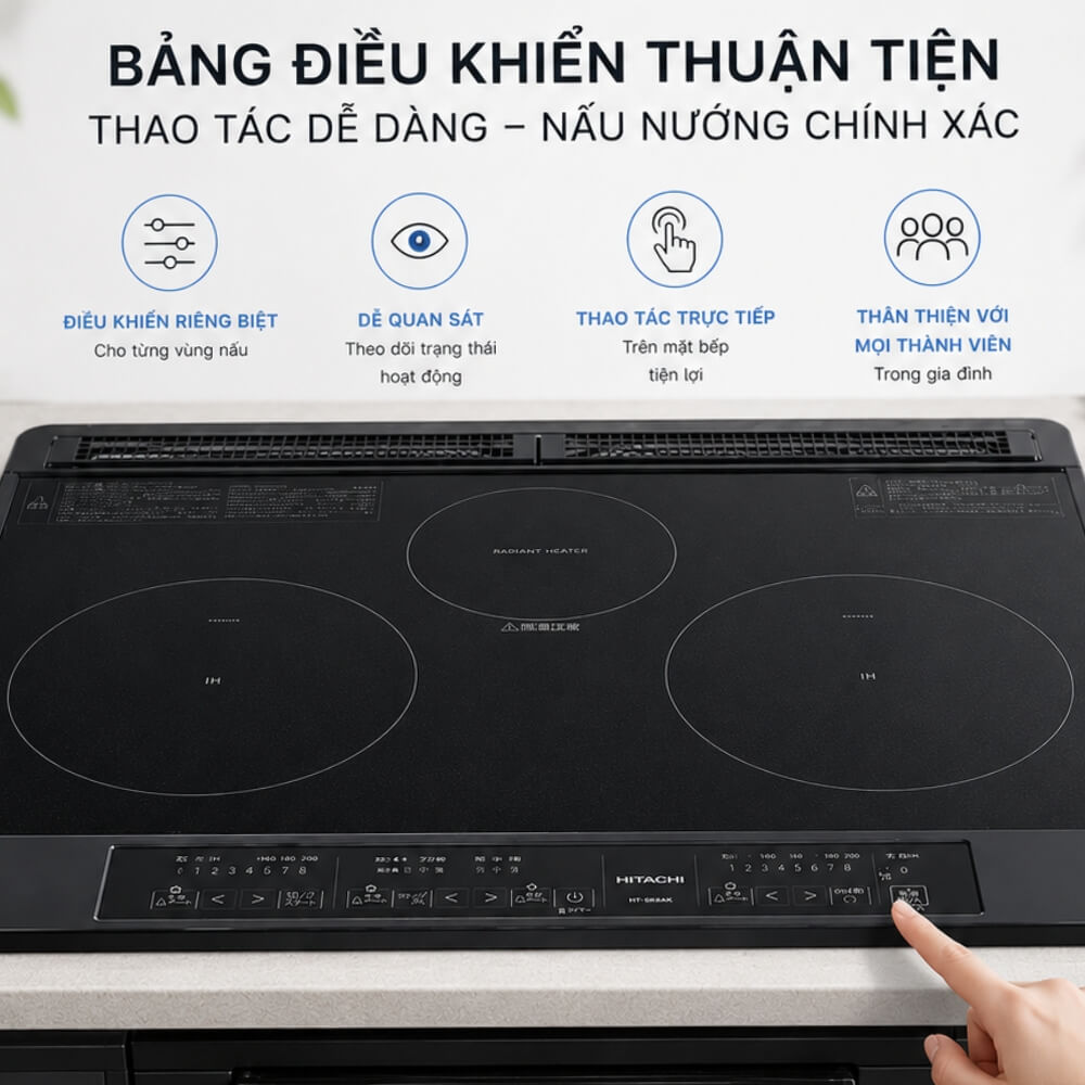 Bảng điều khiển cảm ứng bếp từ Hitachi HT-SK6A bố trí trực tiếp trên mặt bếp dễ nhìn dễ thao tác