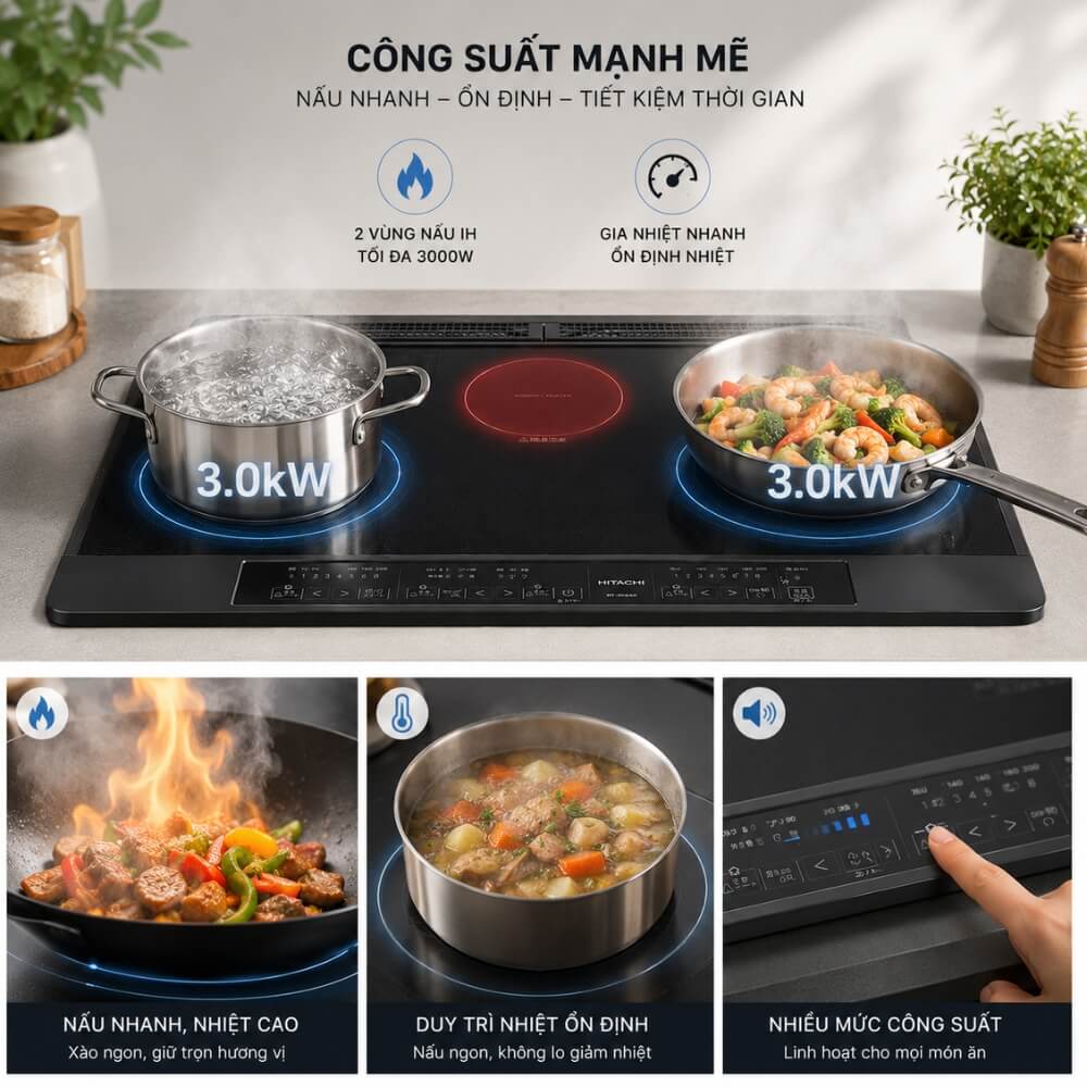 Vùng nấu IH công suất 3000W bếp từ Hitachi HT-SK6A gia nhiệt nhanh giữ nhiệt ổn định khi nấu lượng lớn