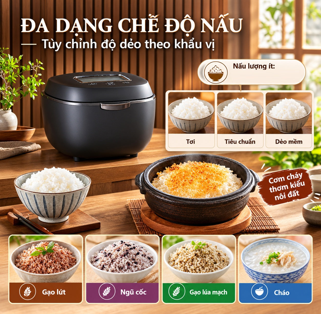 Nấu ít vẫn ngon, tùy chọn độ dẻo và cơm cháy | Tiger JPL-Y100 nấu cơm cháy