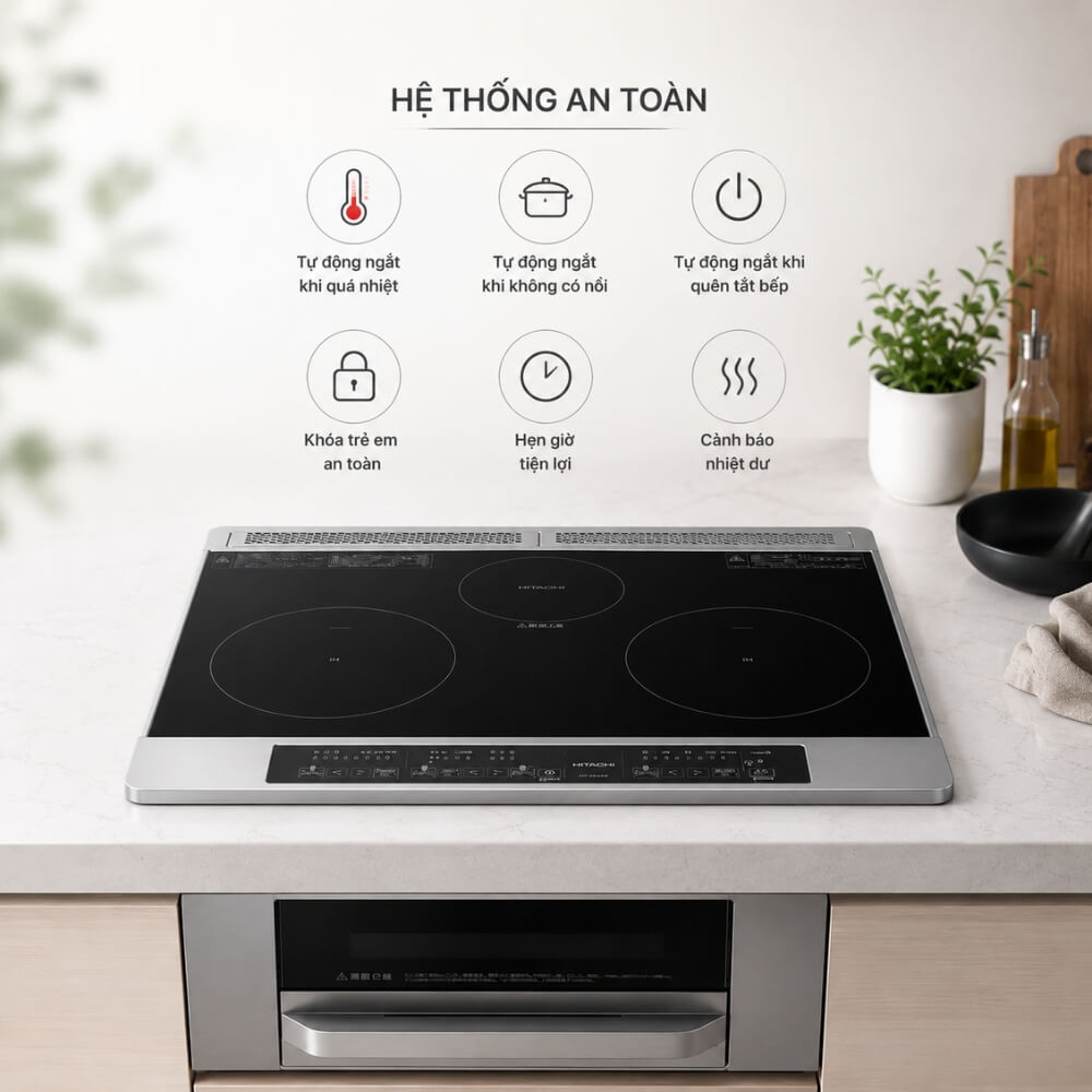 Hệ thống an toàn bếp từ Hitachi HT-SK6A tự ngắt quá nhiệt khóa trẻ em cảnh báo nhiệt dư và hẹn giờ tắt bếp