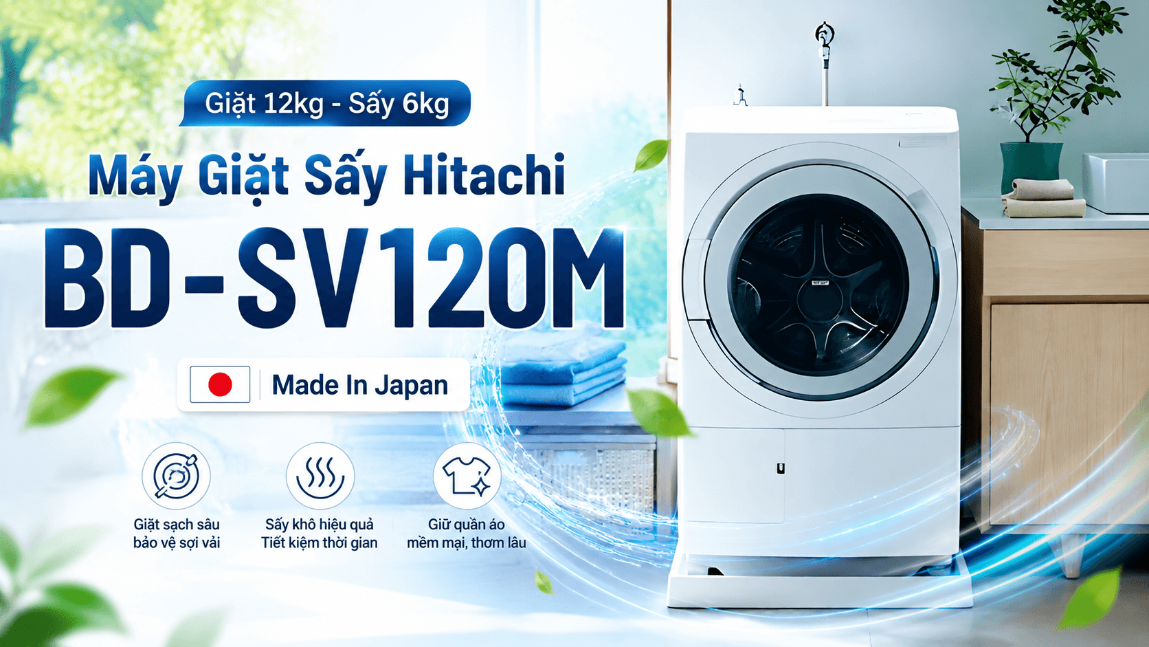 Máy giặt sấy Hitachi BD-SV120M 12kg nội địa Nhật 2025 màu trắng