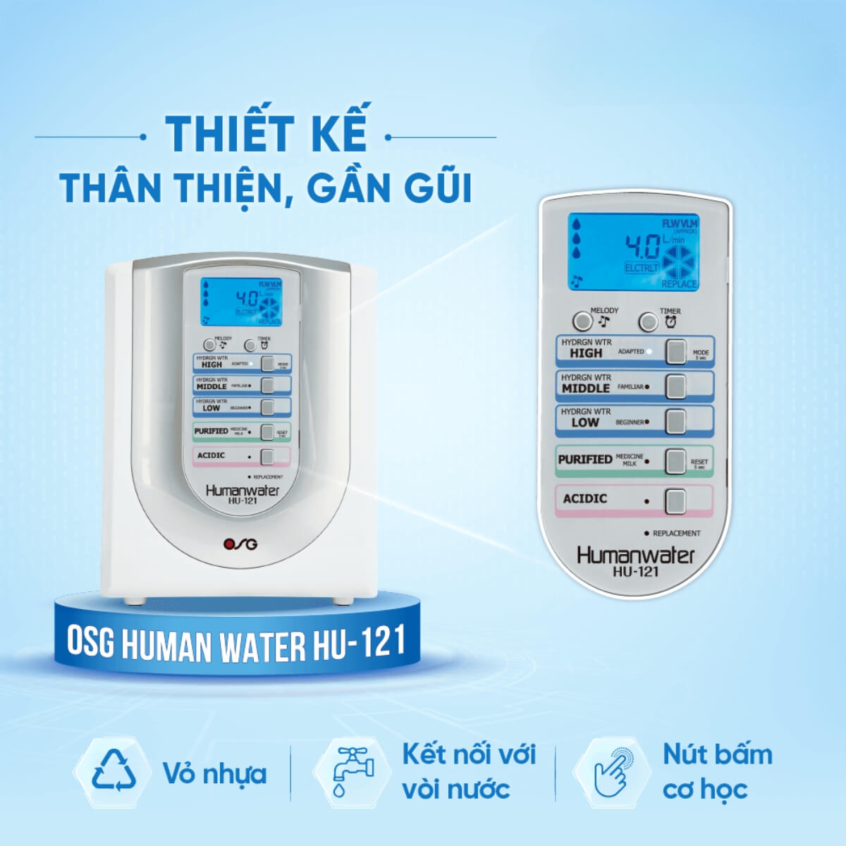 Thiết kế nhỏ gọn của máy lọc nước ion kiềm OSG Human Water HU-121 với màn hình LCD trực quan