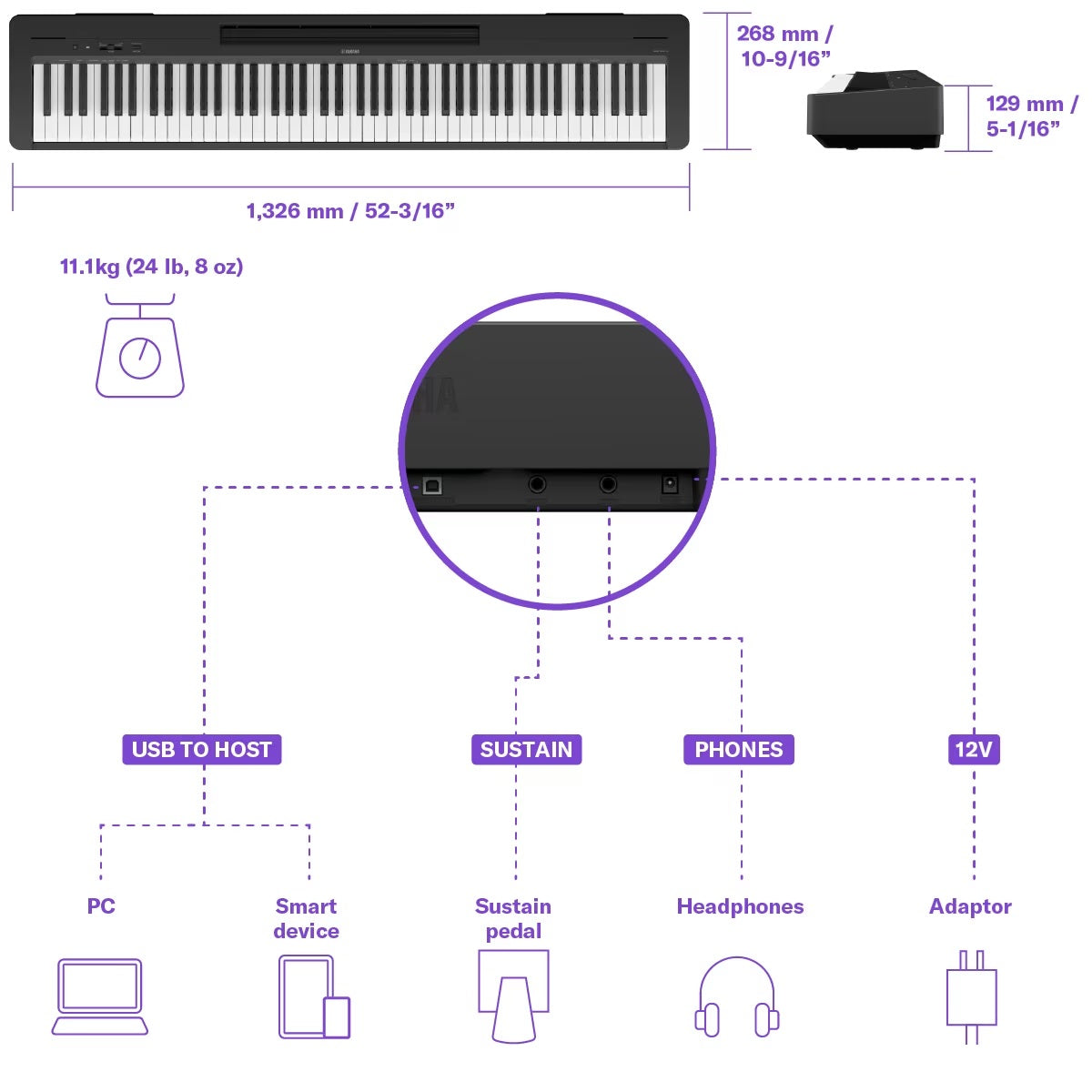 Kích thước và kết nối đàn piano điện Yamaha P-143 | Areca