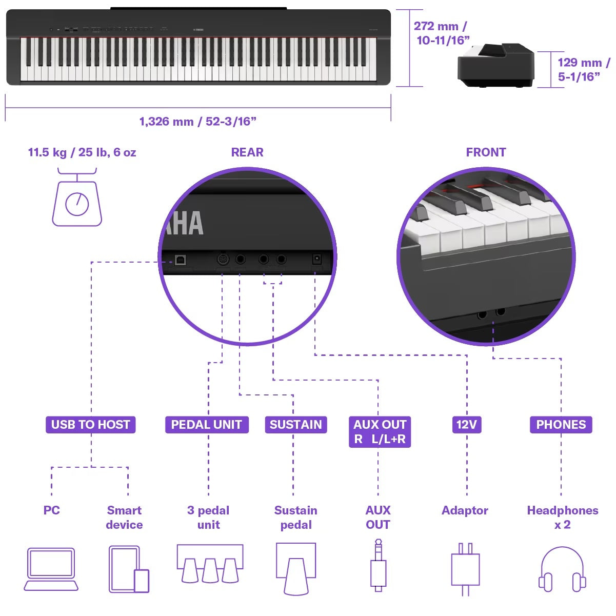 Kích Thước và kết nối đàn piano Yamaha P-225 | Areca