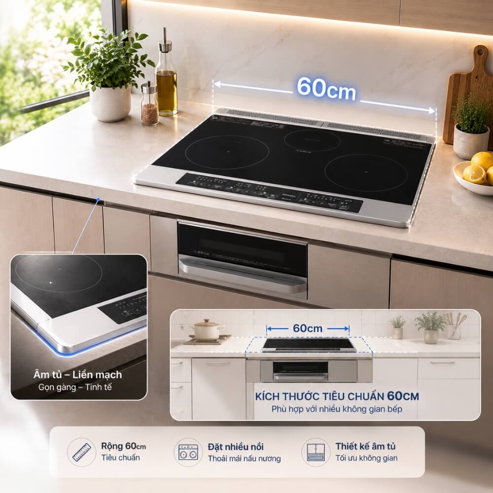 Bếp từ âm Hitachi HT-SK6A 60cm lắp âm tủ bếp mặt kính liền phẳng với mặt đá sang trọng