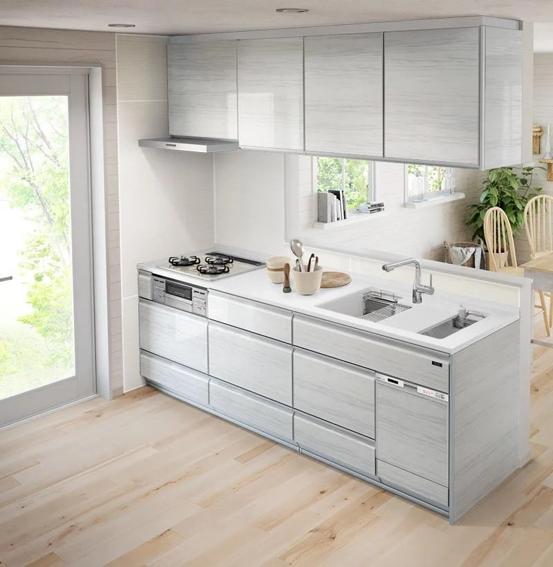 Hệ tủ bếp LEMURE màu LXW (Vân gỗ Hồng bạch) với viền ngăn kéo màu bạc