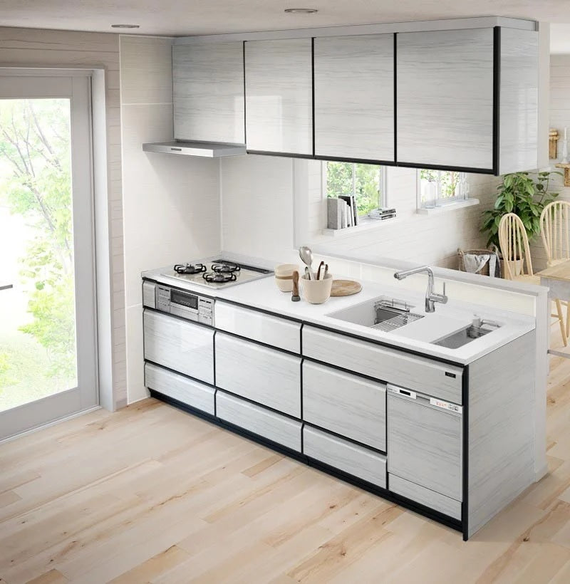 Hệ tủ bếp LEMURE màu LXW (Vân gỗ Hồng bạch) với viền ngăn kéo màu đen