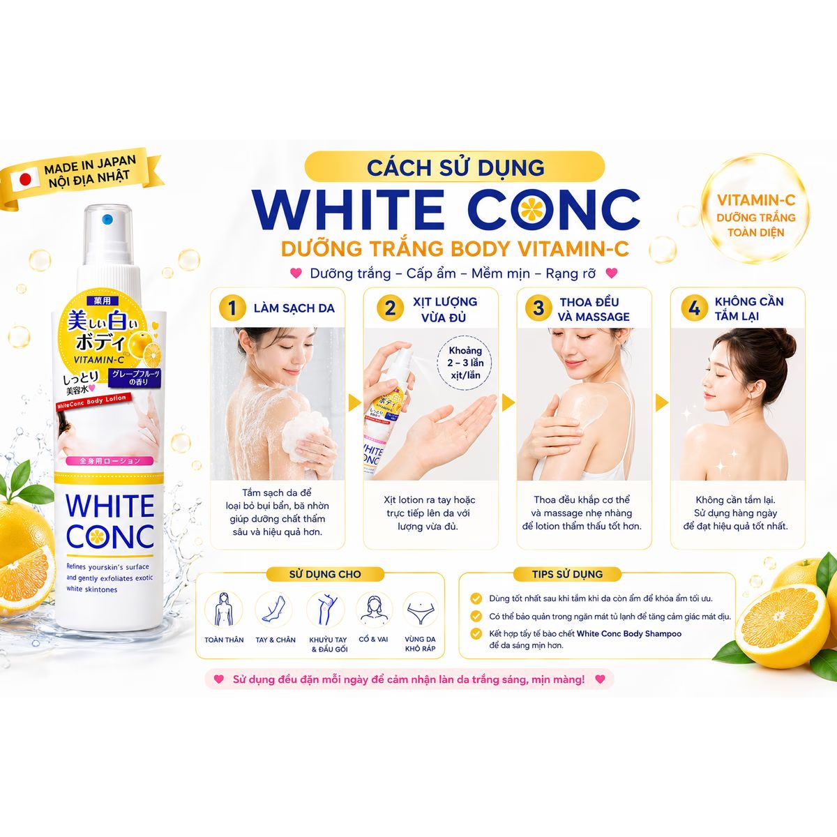 Sữa Tắm Trắng Sáng Da White Conc Hương Yuzu 600ml Nội Địa Nhật