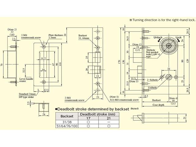 Bản vẽ khóa cửa tay gạt Nhật nội địa Miwa U9LA51-1 | Khóa cửa đi Nhật Bản