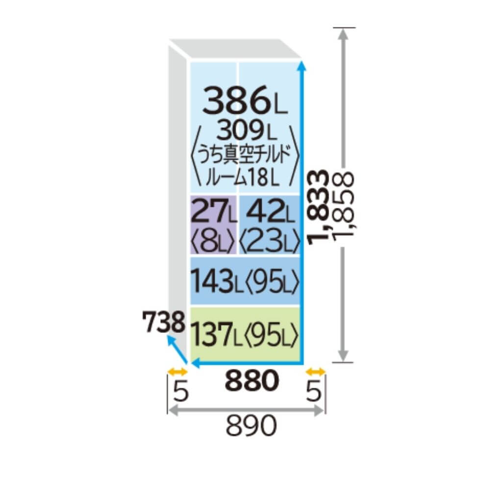 Kích thước tủ lạnh Nhật nội  địa Hitachi R-WXC74S, 735 lít
