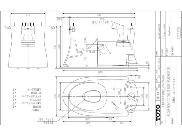 Kích thước bồn cầu cơ TOTO Nhật CS232B+SH232BA | Bồn cầu liền két nước